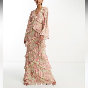 Pretty Lavish Long Sleeve Ruffle Maxi Dress - Mixed Floral, Size 8